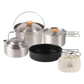 Outdoor Jacketed Kettle Camping Stainless Steel Pot 4-piece Kettle Frying Pan Stew-pan Self-driving Portable Picnic Suit